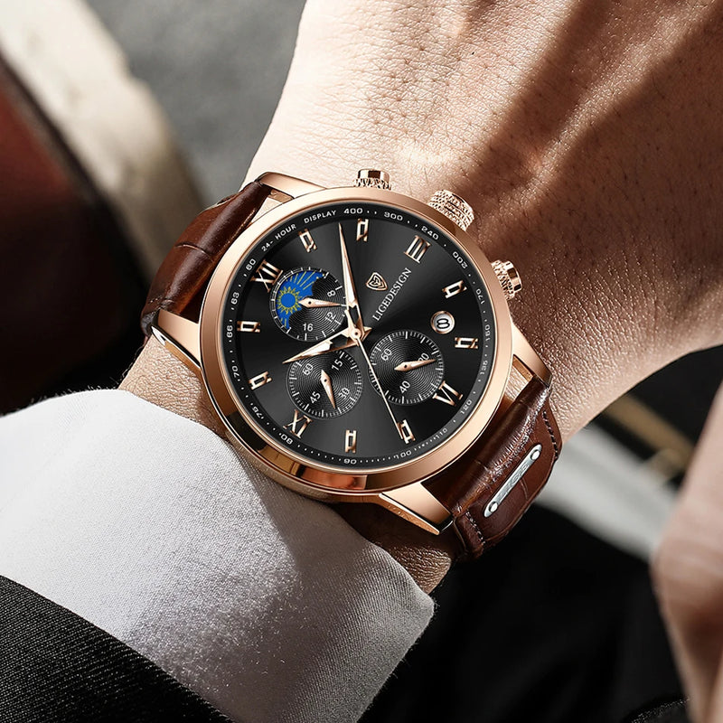 Luxury Men's Fashion Watch with Leather Strap and Waterproof Chronograph Features