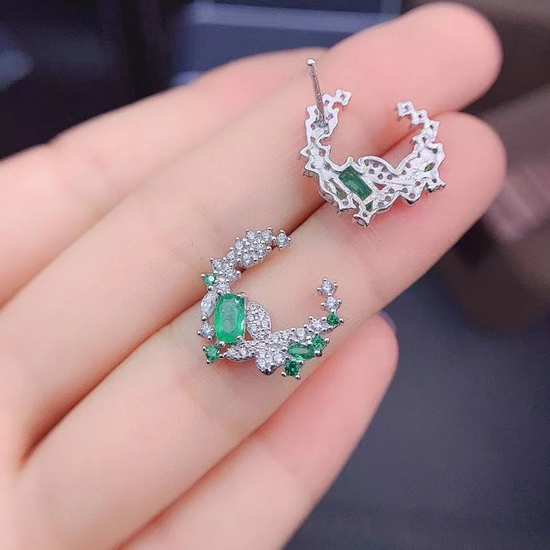 925 Sterling Silver Natural Colombian Emerald Butterfly Stud Earrings for Women