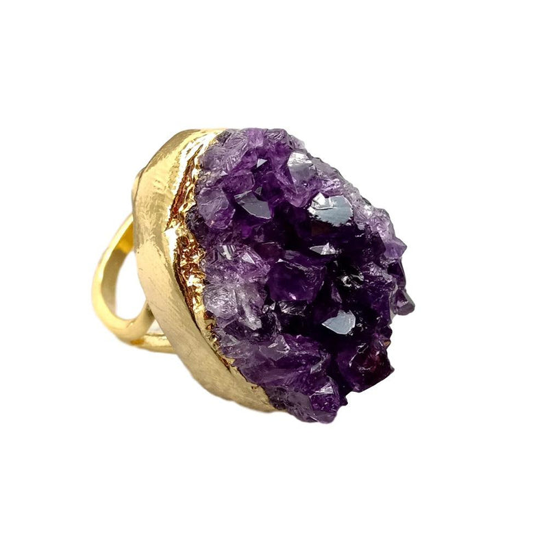 Y.YING Natural Amethsyts Druzy rough Cluster Freedom Shape Gold color Electroplated Ring Adjustable