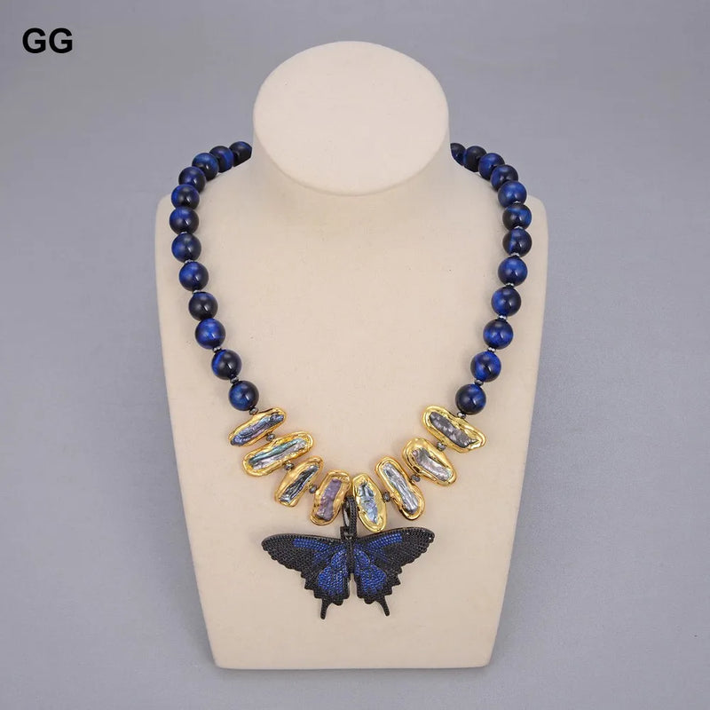 Gold Natural Blue Tiger Eye, Black Biwa Pearl & CZ Butterfly Pendant Necklace for Women