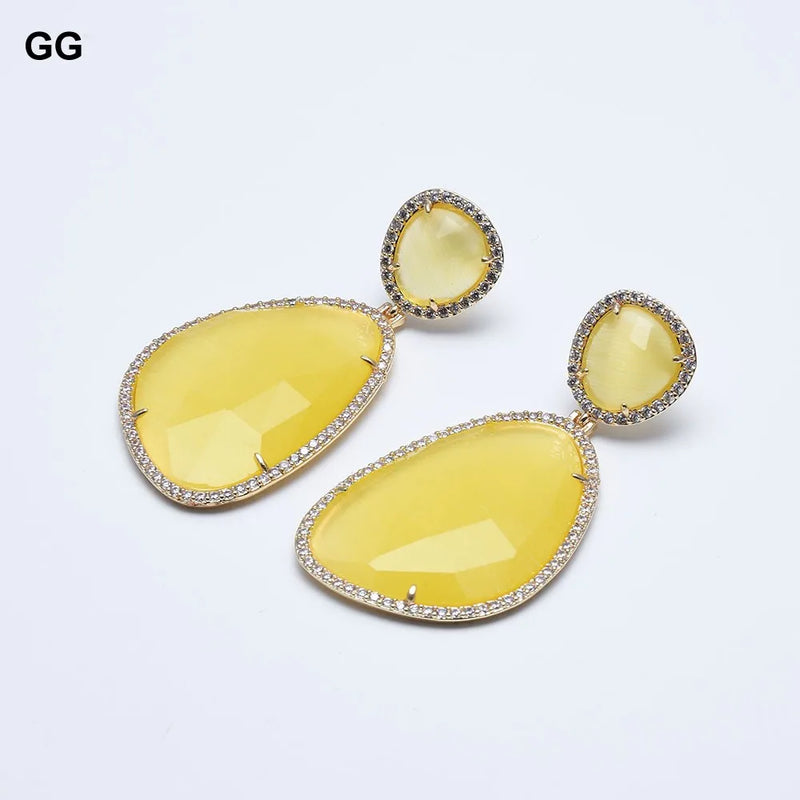 Gold-plated Natural Yellow Cat Eye Oval Shape CZ Pave Dangle Stud Earrings for Women