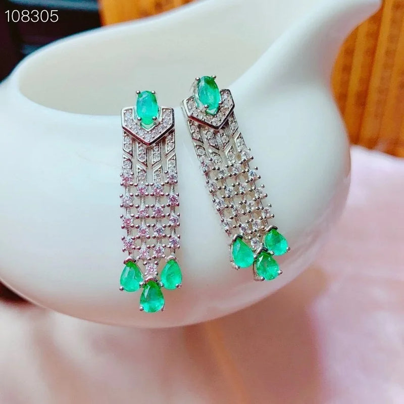 925 Sterling Silver Green Gemstone Created Emerald Dangle Earrings Ring for Women