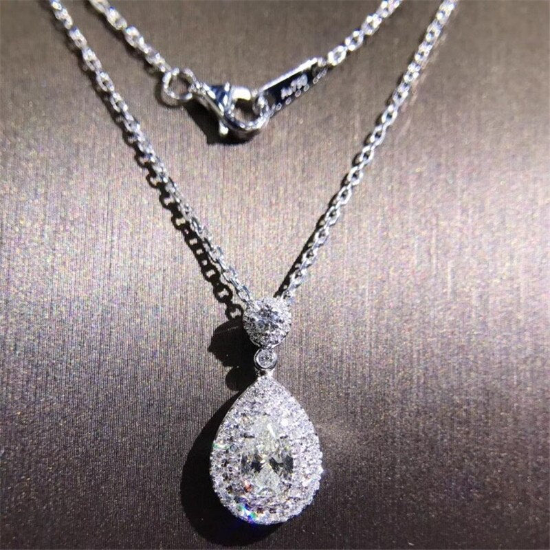 Sterling Silver Water Drop Diamond Pendant Necklace for Women