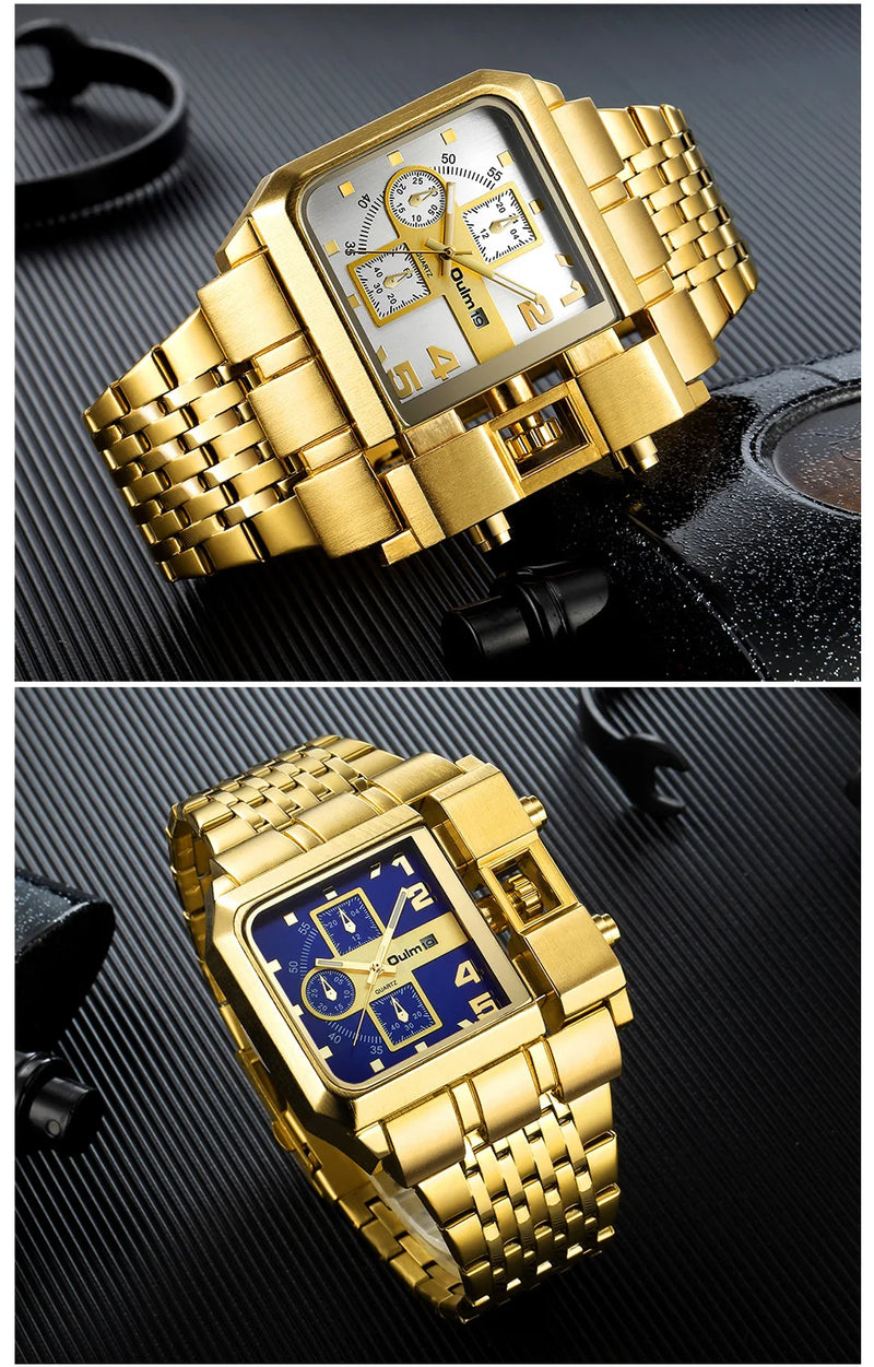 Stainless Steel Large Dial Luxury Men's Watch with Auto Date and Golden Clock.