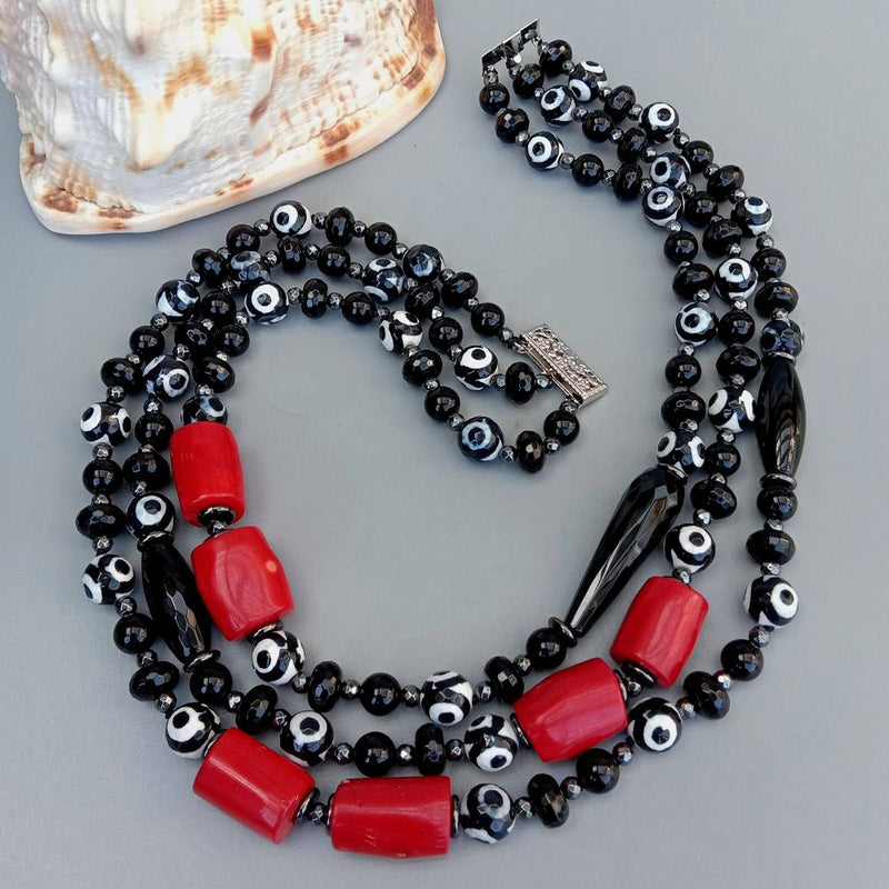 Sterling Silver 3 Strands Black Dzi Agate, Red Coral Choker Necklace for Women