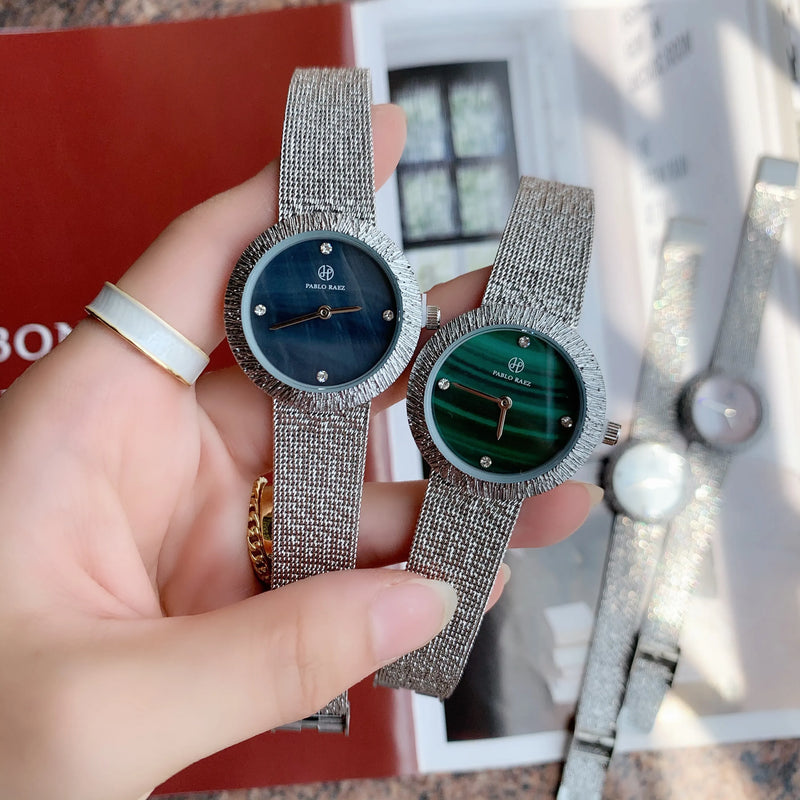 Women's Green Textured Watch with Silver Mesh Band and Japan Movement - Fashionable, Casual Style, High Quality.