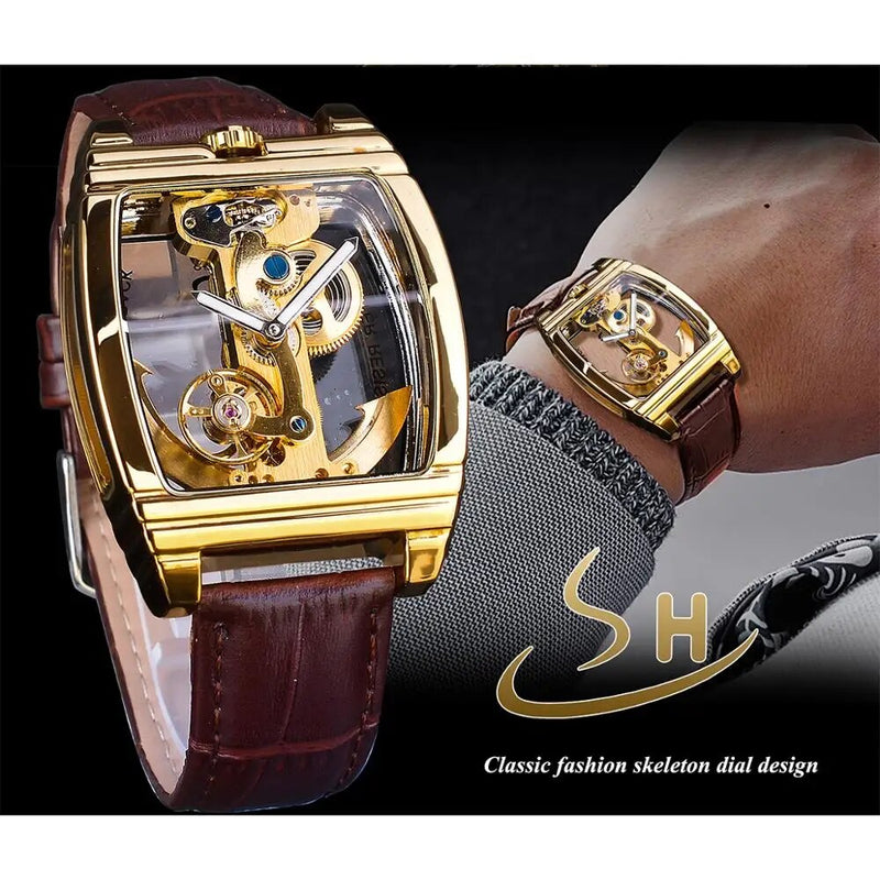 Gold Transparent Automatic Mechanical Watch with Skeleton Tourbillion and Luminous Elements for Men