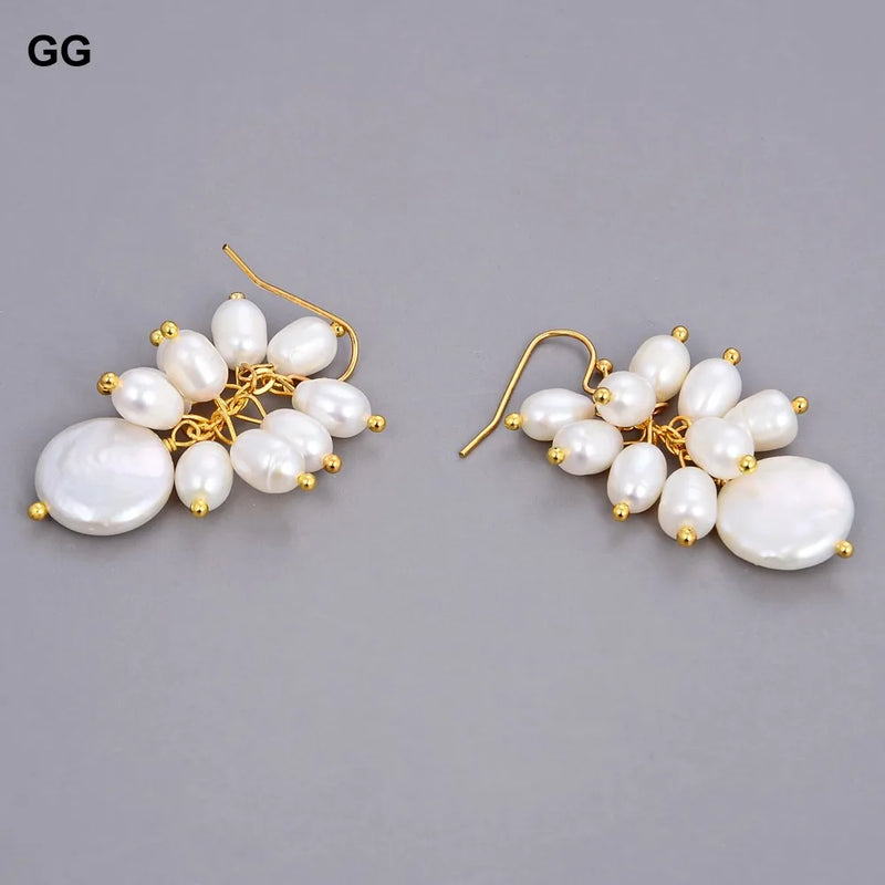 Natural White Rice Pearl Dangle Hook Earrings for Women