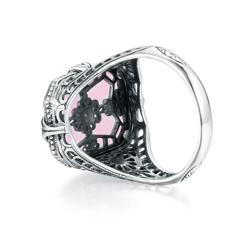 925 Silver Pink Gemstones Ring with Square Stone for Woman