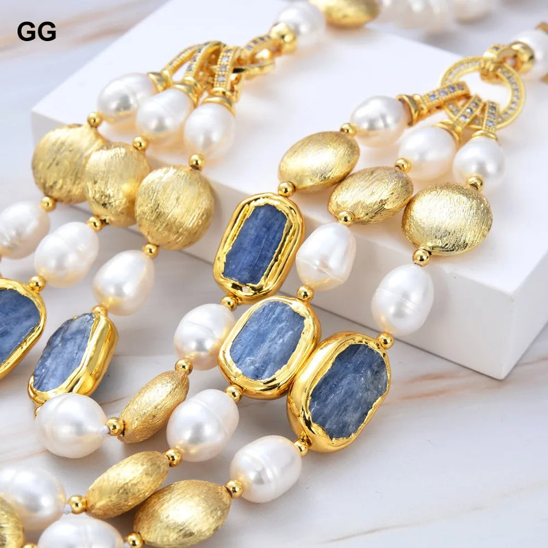 Gold Plated Freshwater Cultured White Rice Pearl Blue Kyanite Choker Necklace for Women