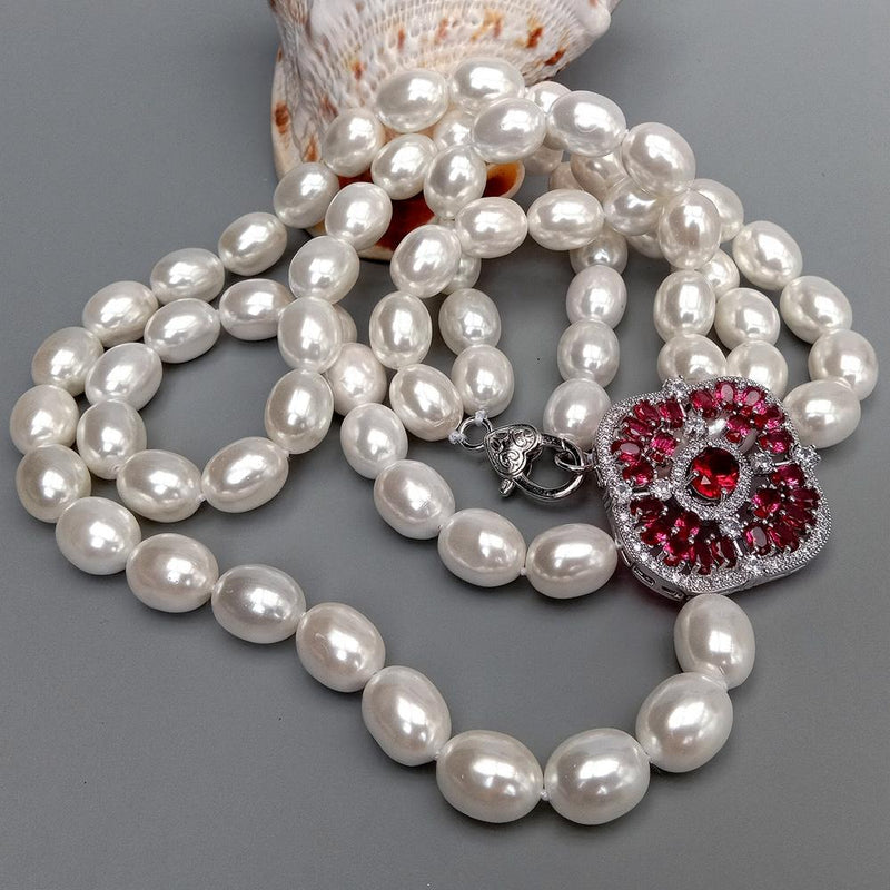 Y.YING  2 Strands White Sea Shell Pearl Cz Pave Pendant Necklace Lady Jewelry 24\"-26\"