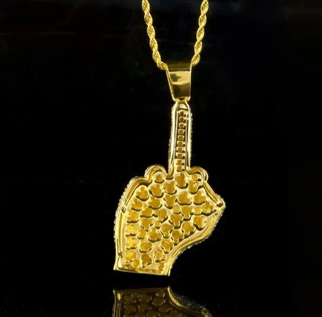 Stainless Steel Full Zircon Rock Middle Finger Pendant Necklace for Men