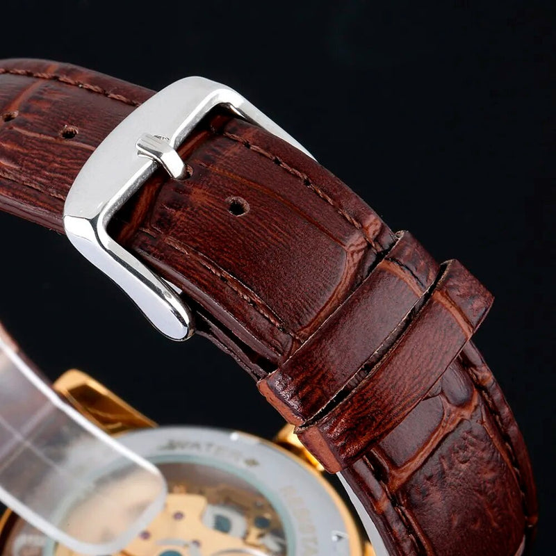 Stainless Steel Skeleton Automatic Watch with Leather Band for Men