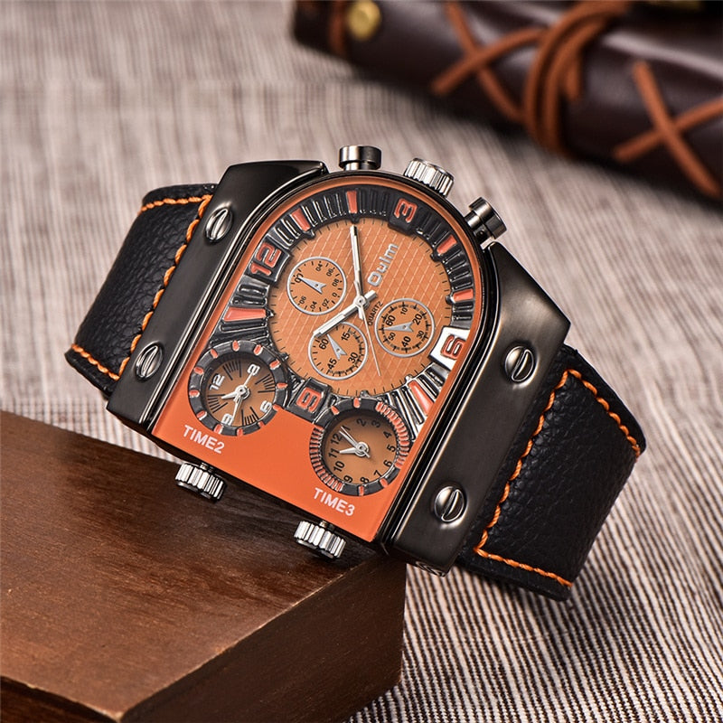 Leather Big Size Three Time Zone Outdoor Sports Watch for Men