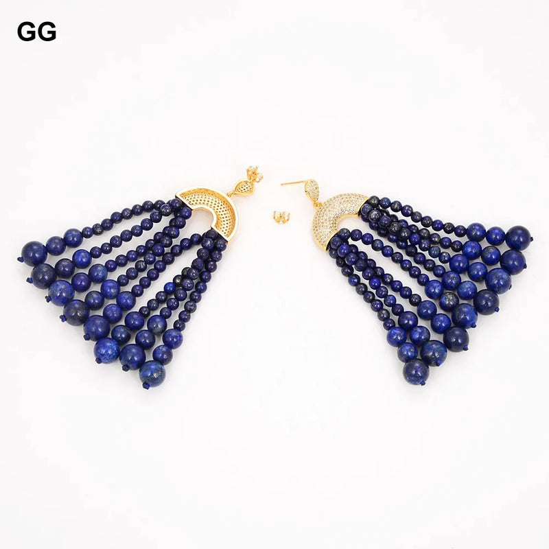 Gold Plated Round Blue Lapis Lazuli & CZ Earrings for Women