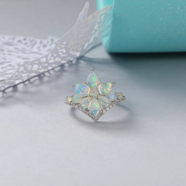 925 Sterling Silver Opal Ring with Custom Flower Engagement Setting for Women