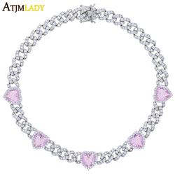 Cubic Zirconia 11mm Miami Cuban Link Chain Hearts Necklace with Pink Heart CZ Charm Choker for Women