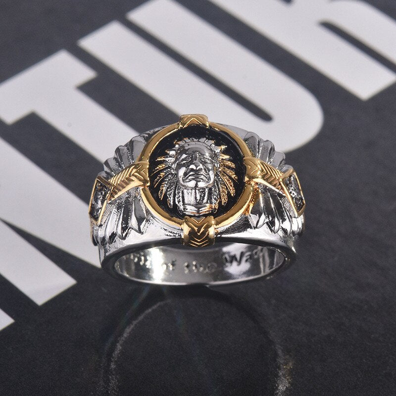 Black Enamel Indian Chief Carving Hip Hop Rings for Men