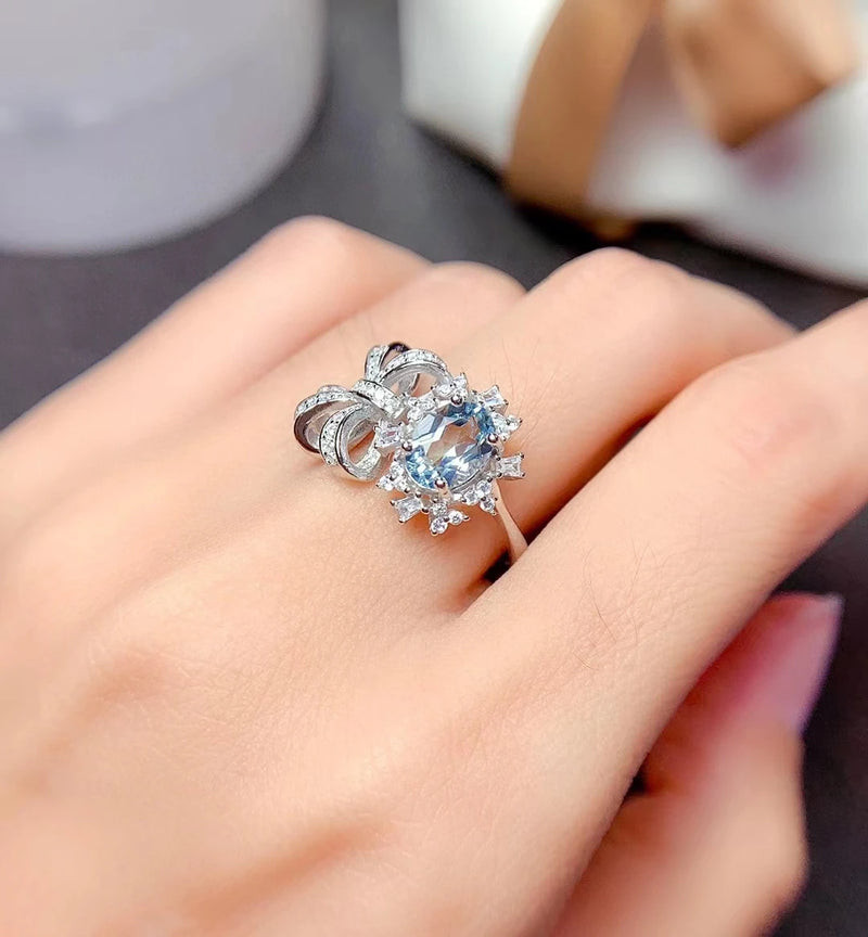 925 Sterling Silver Aquamarine Bow Rings for Women