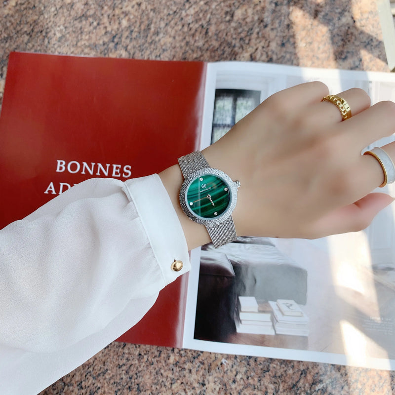 Women's Green Textured Watch with Silver Mesh Band and Japan Movement - Fashionable, Casual Style, High Quality.