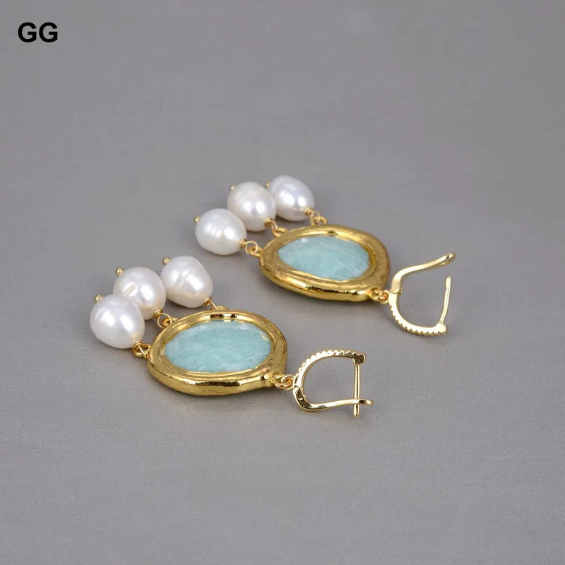 Silver Amazonite and Rice Pearl Dangle Earrings for Women