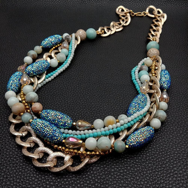 Y.YING 6 Rows Multi Strands Necklace Blue Amazonite Crystal Pave Statement Jewelry 28 statement necklace\"