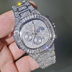 Silver Luxury Men's Quartz Watch Automatic Date Chronograph High-end Top Brand Waterproof Diamond Bezel Moon Phase Men Watches