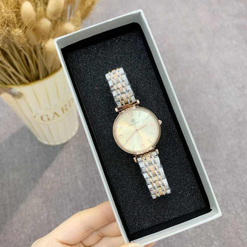 Luxury Stainless Steel Women's Watch with Japan Quartz Movement and Waterproof Design.