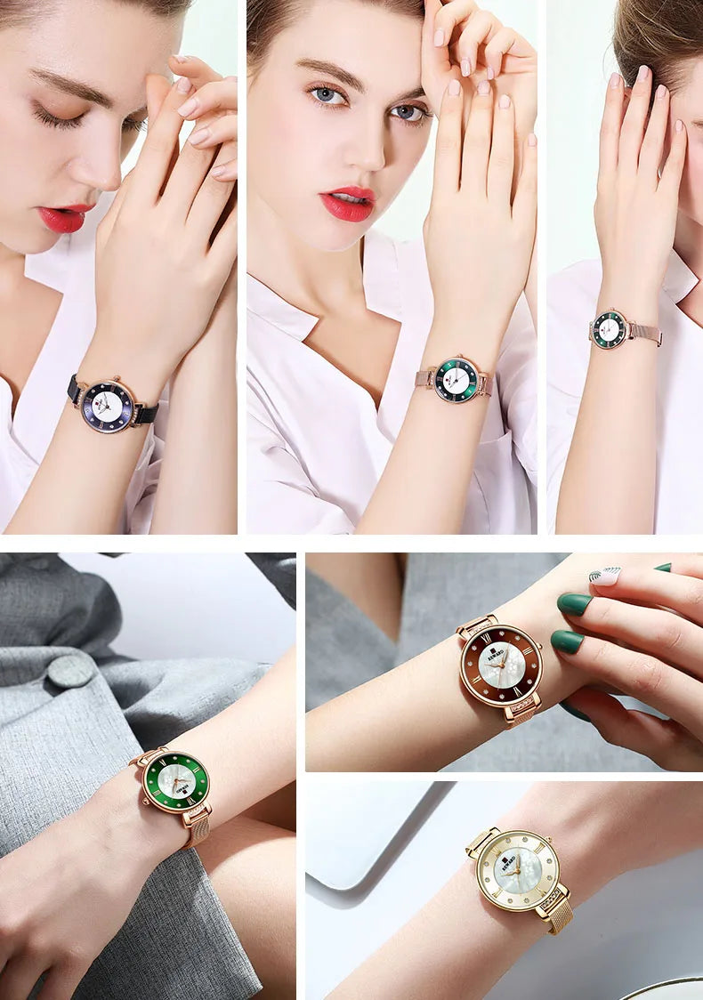 Stainless Steel Crystal Pearl Dial Watch for Women