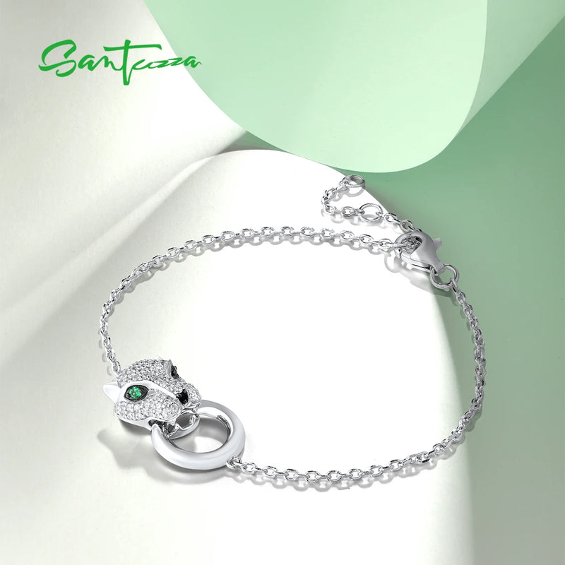 925 Sterling Silver Leopard & Panther Bracelet with Green Black Spinel & White Zirconia for Women