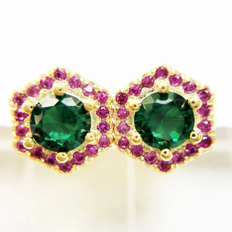 925 Sterling Silver Hexagon Green and Yellow Gold Earrings for Women