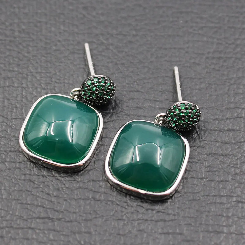 925 Silver Green Agate Stud Earrings with CZ for Women