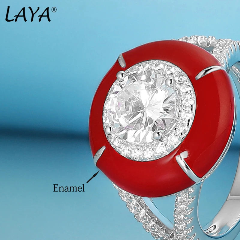 Sterling Silver Red Enamel Ring with Zircon for Women