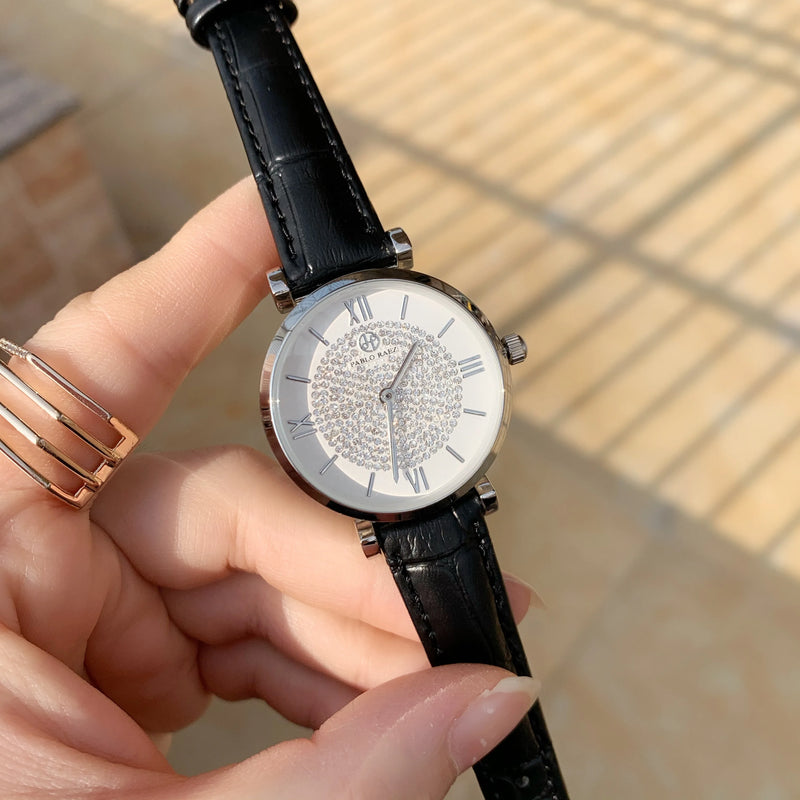 Luxury Women's Leather Quartz Diamond Dress Watch in Feminine Style