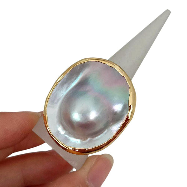 YYING Natural Oval White Gray Mabe Pearl Gold color Plated Adjustable Ring