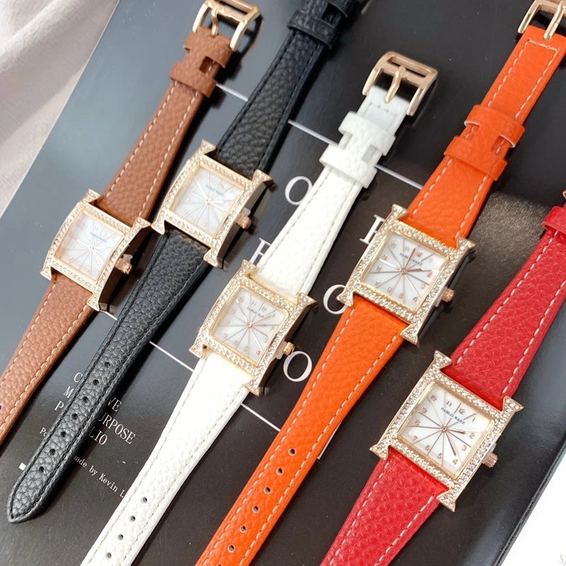 Luxury Diamond Women's Wristwatch with Leather Band and Orange Jewelry Details