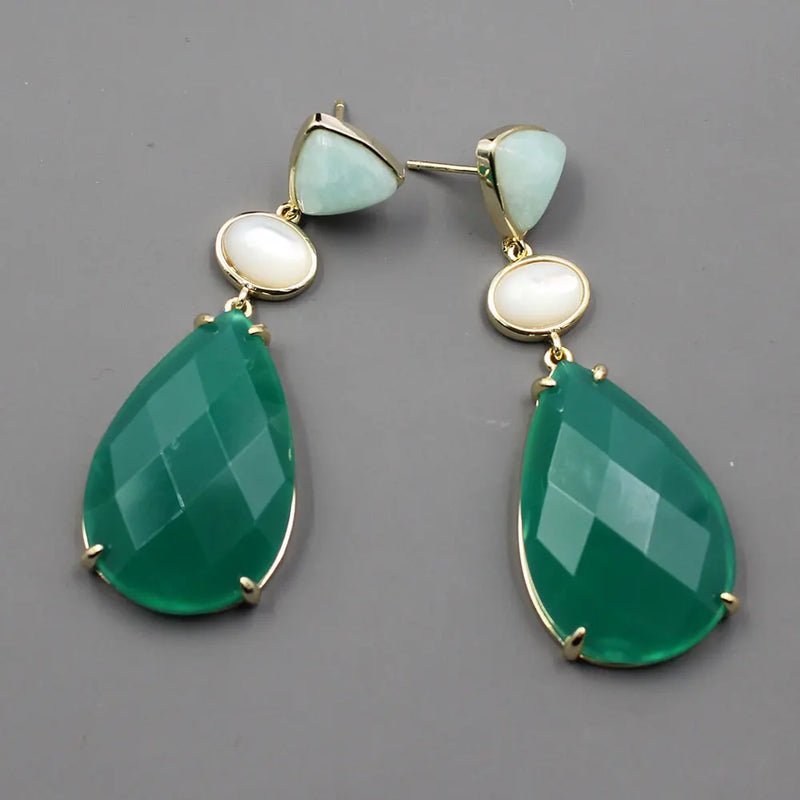 Sterling Silver Natural White Shell Aventurine Green Agate Teardrop Dangle Stud Earrings for Women