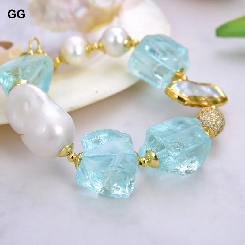 Gold Plated Cultured White Keshi Pearl Biwa Pearl Blue Glass Bracelet for Women