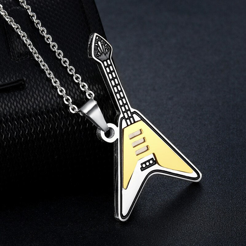 Stainless Steel Guitar Pendant Necklace for Men & Women