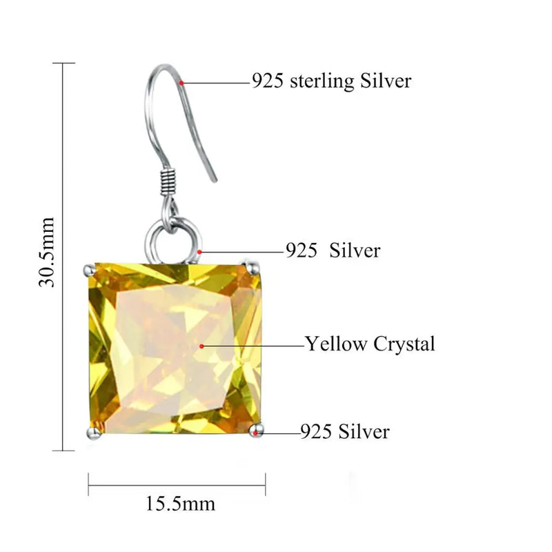 925 Sterling Silver Yellow Crystal Square Earrings for Women