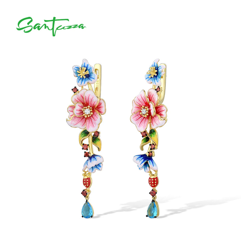 Sterling Silver Colorful Enamel Flower Drop Earrings for Women