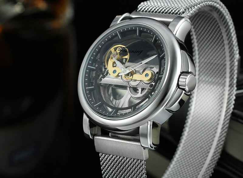 Black Mechanical Watch with Hollow Horizontal Movement for Men