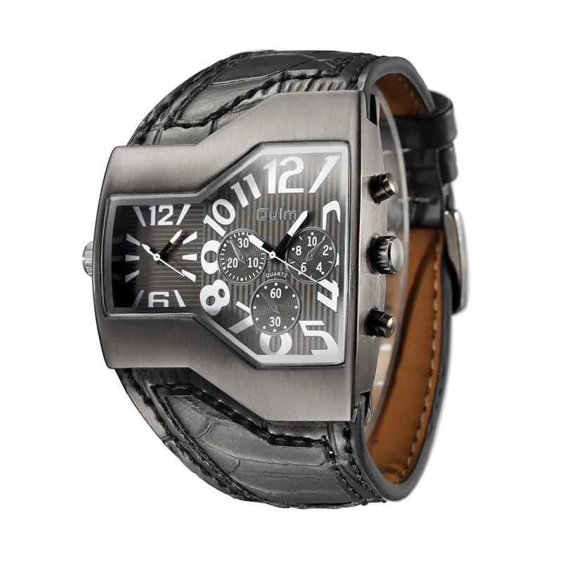 Luxury Men's Leather Wrist Watch with Dual Time Zones - Perfect for Military and Sports Use