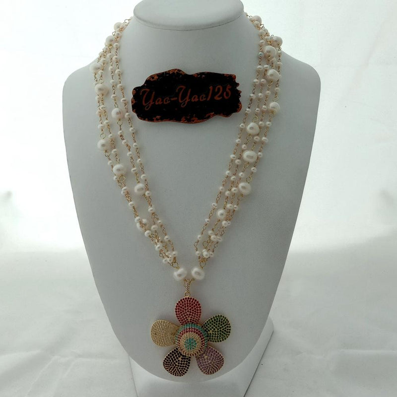 Sterling Silver 4.00 ctw White Freshwater Pearl CZ Pave Flower Pendant for Her
