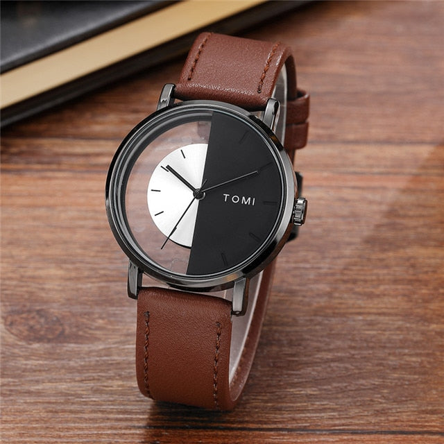 Stainless Steel Leather Half Transparent Unisex Watch