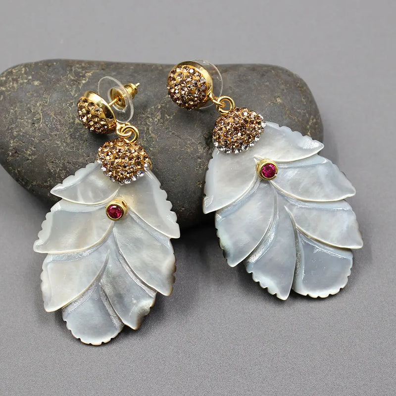 Gold Plated Natural Gray Sea Shell Leaf Mop with Golden Marcasite & CZ Dangle Earrings for Women