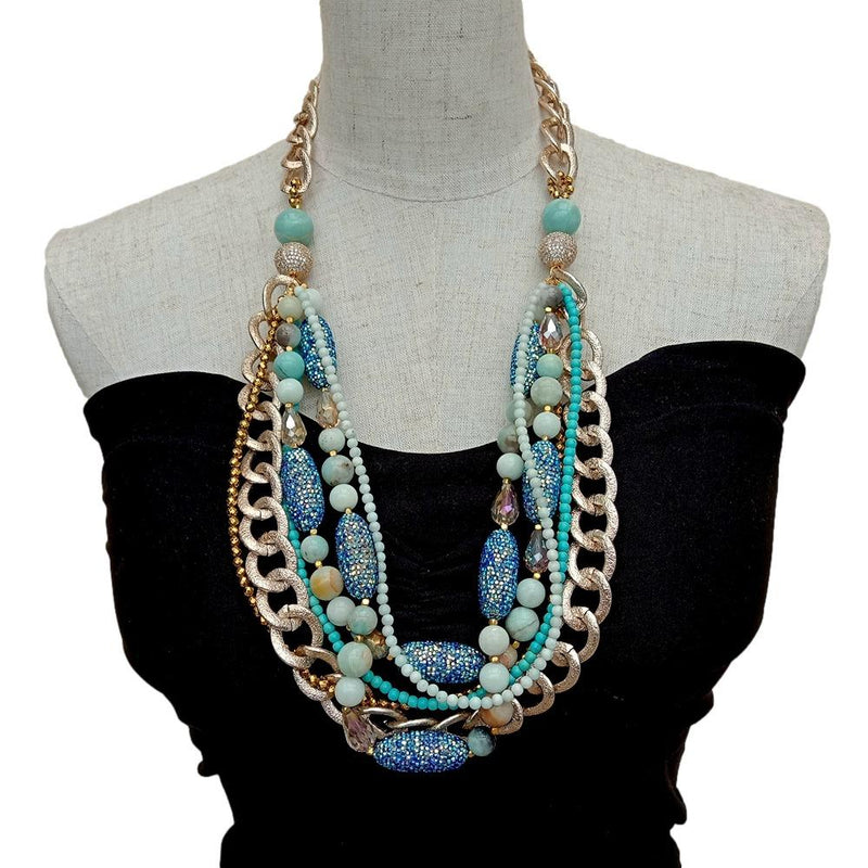 Y.YING 6 Rows Multi Strands Necklace Blue Amazonite Crystal Pave Statement Jewelry 28 statement necklace\"