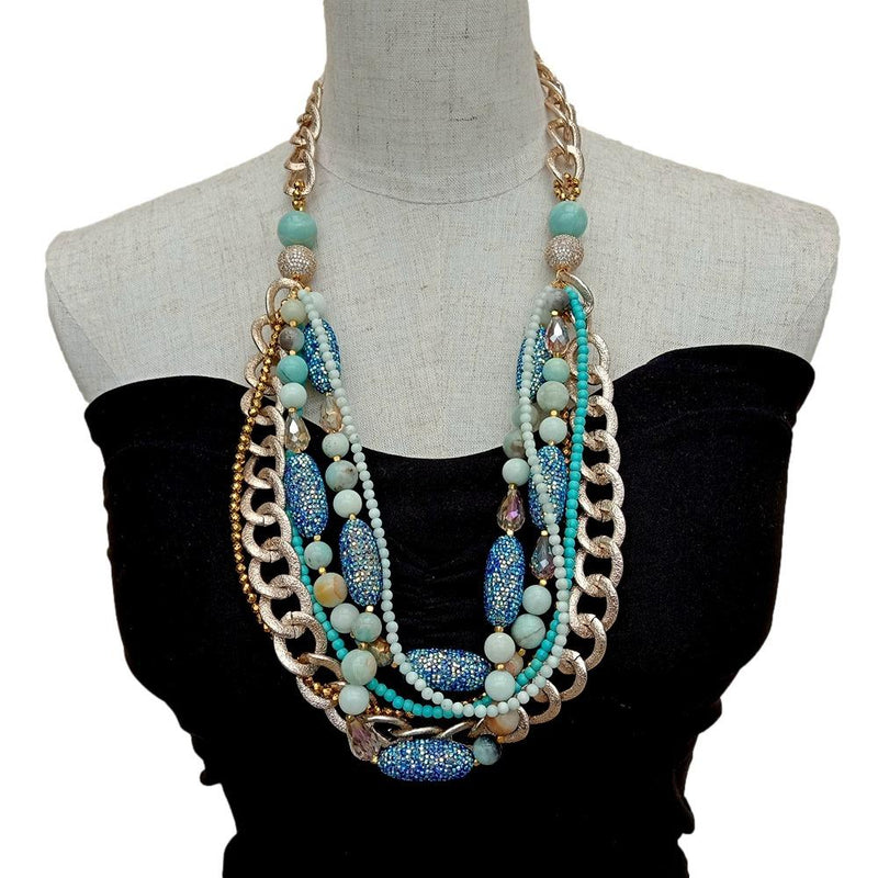 925 Sterling Silver Amazonite Crystal Multi-Strand Statement Necklace for Women