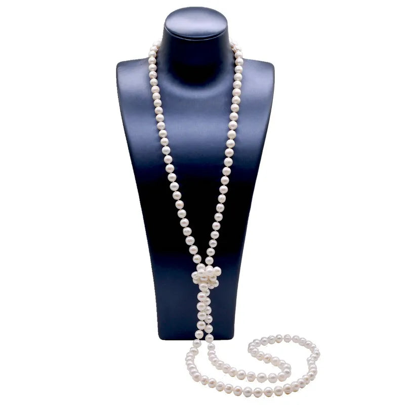 Sterling Silver Freshwater White Pearl Long Necklace for Women