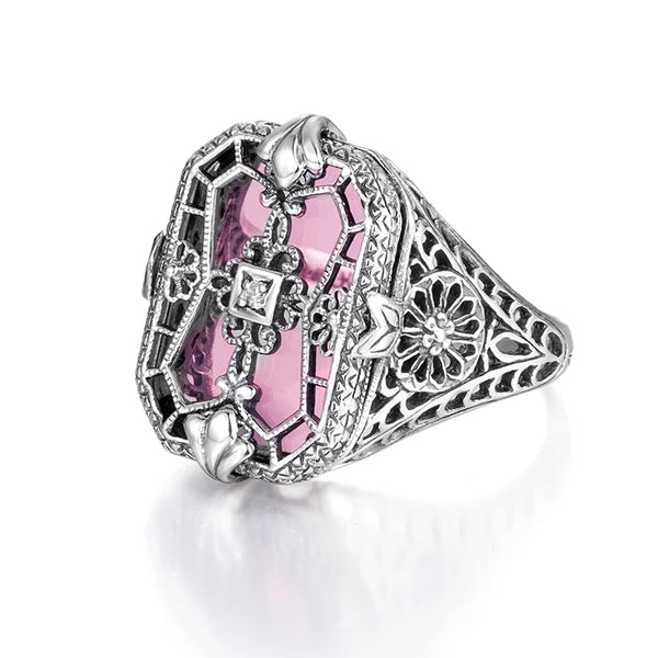 925 Silver Pink Gemstones Ring with Square Stone for Woman